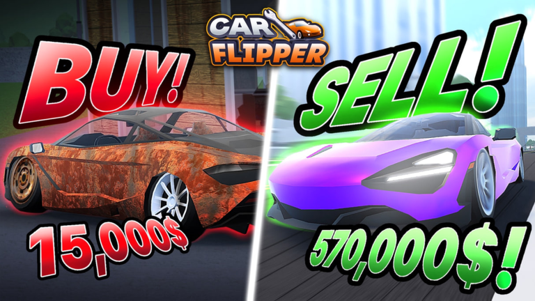 Official Roblox game thumbnail showing a damaged car bought low and a tuned car sold high in Car Flipper